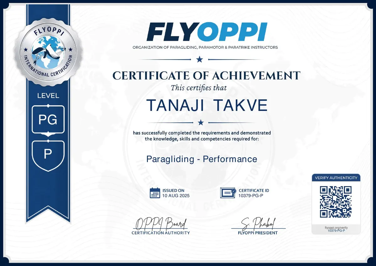 FlyOppi Performance certificate awarded to Tanaji Takve