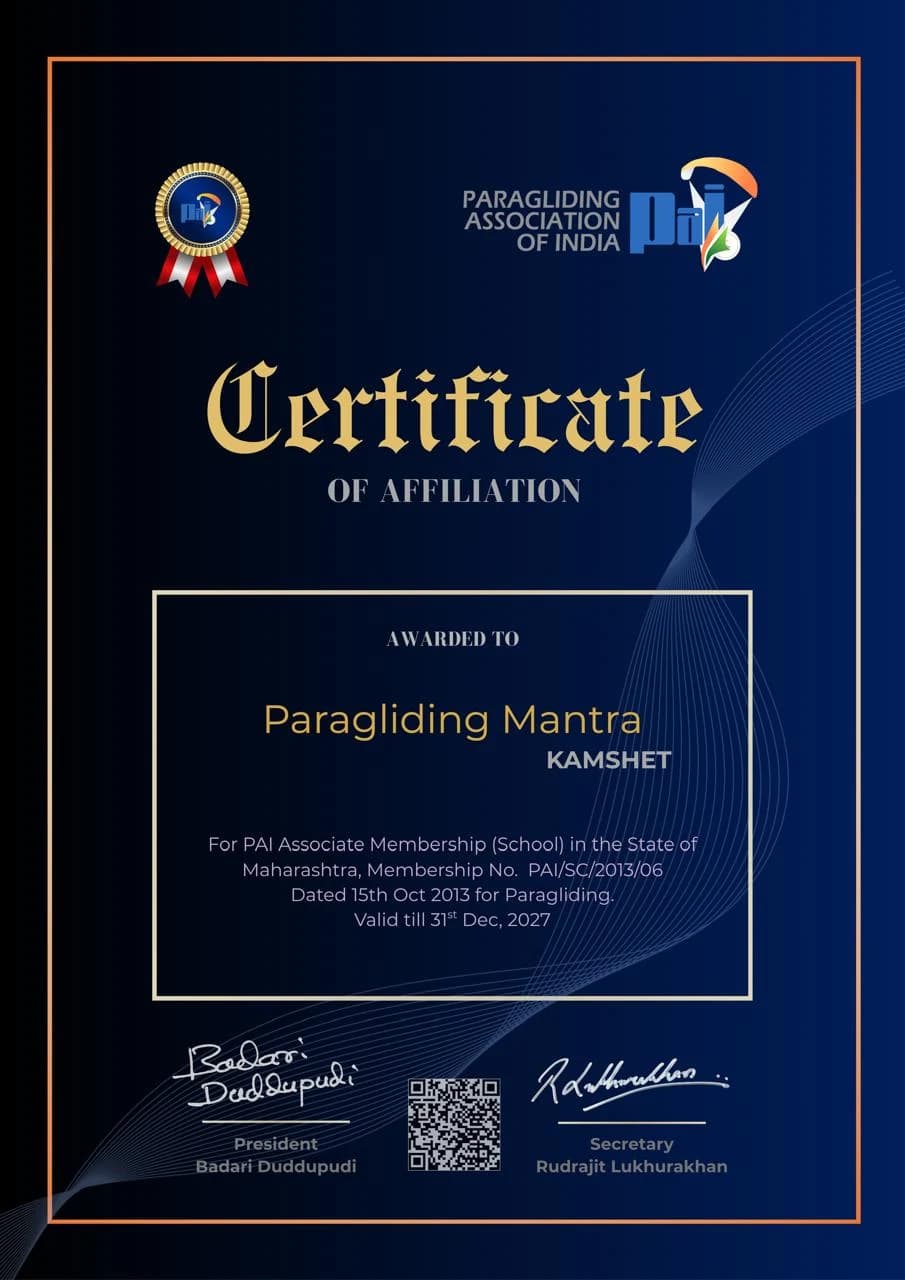 Paragliding Mantra PAI School Affiliation Certificate Paragliding Association of India certificate of affiliation awarded to Paragliding Mantra Kamshet
